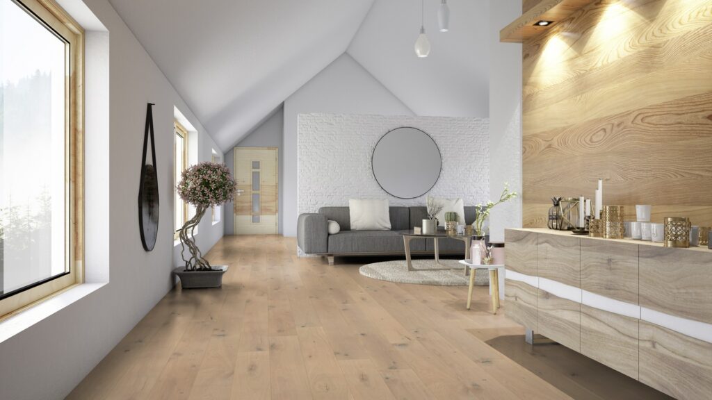 Blonde flooring in a loft style living area