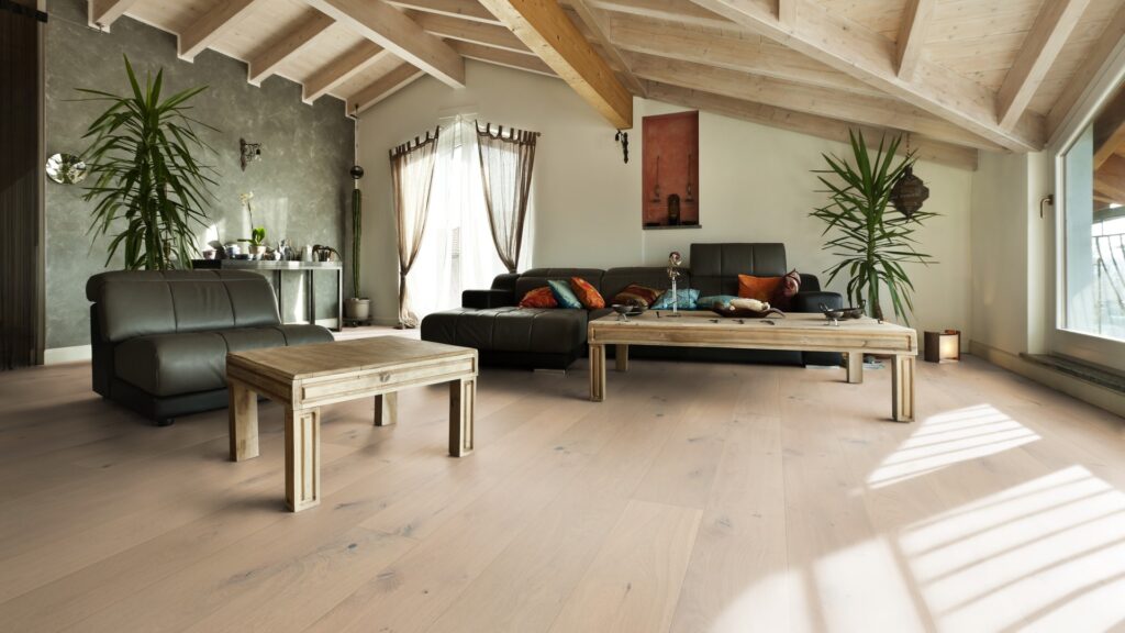 Champagne oak flooring in a loft bedroom