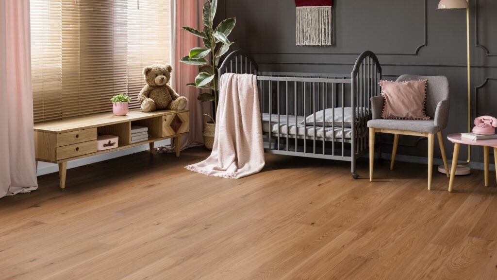 Sunflower oak flooring in a baby nursery